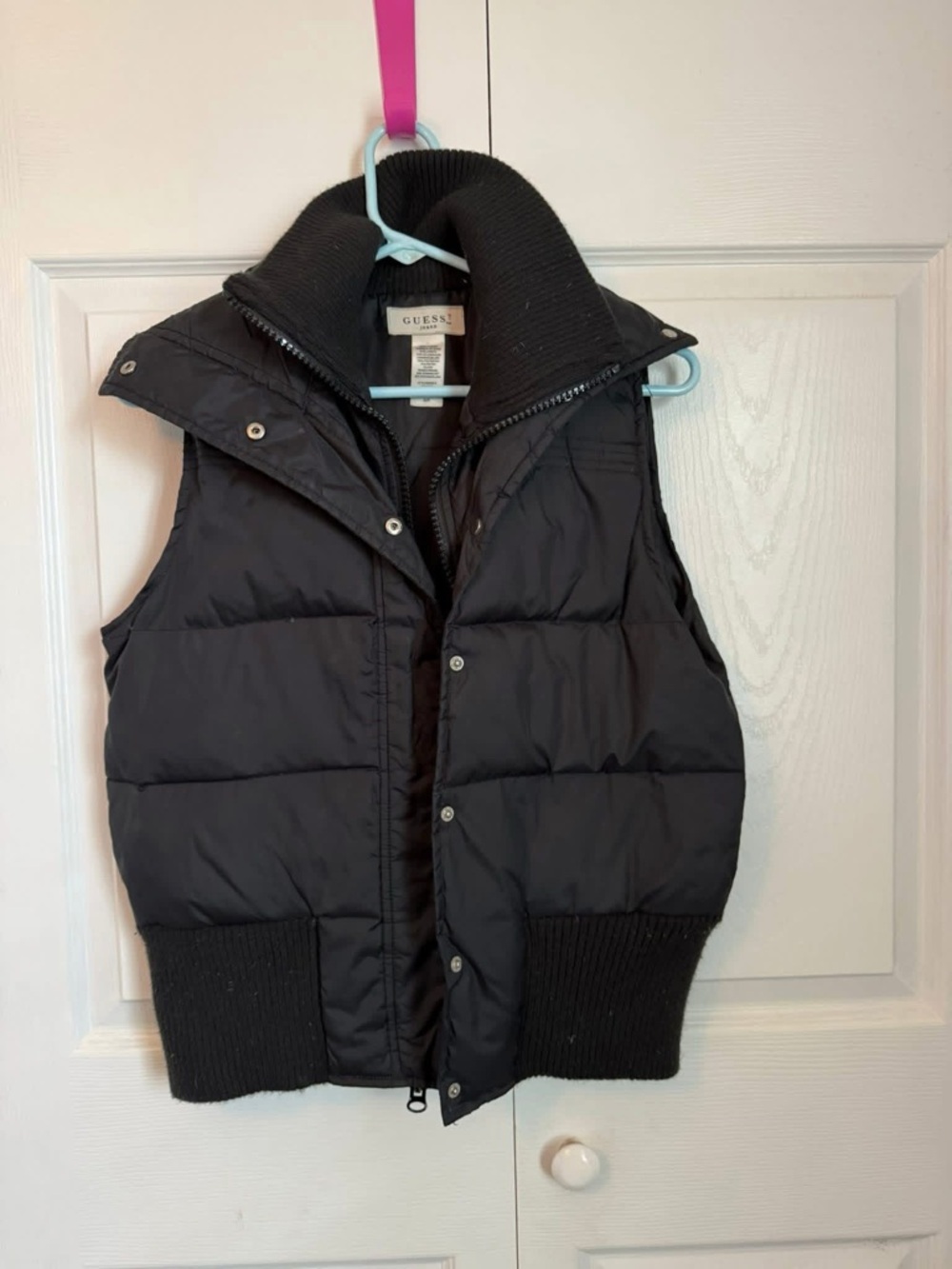 GUESS Black Quilted Puffer Vest with Ribbed Collar